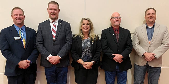 The 2019/20 leadership team of the Washington Association of Wheat Growers is (from left) Jeffrey Shawver, from Franklin County, past president; Ryan Poe, Grant County, president; Michelle Hennings, executive director; Howard McDonald, Douglas County, vice president; and Andy Juris, Klickitat County, secretary/treasurer.