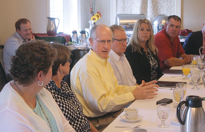 Rep. Mike Conway (R-Texas) spent yesterday meeting with farmers and touring Washington State University. During a breakfast meeting that included Rep. Cathy McMorris Rodgers (R-Wash.) Conaway heard producers' concerns about various issues, including the farm bill, trade and market access funding. Shown, from left, are Marci Green, WAWG president; Suzanne Conaway; Conaway; retired wheat farmer Randy Suess; Michelle Hennings, WAWG executive director; and Jack Field, executive director of the Washington Cattle Feeders Association.