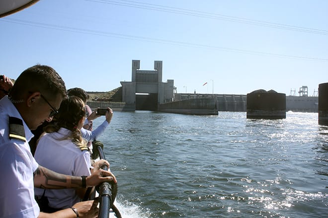 Approaching the lock at Ice Harbor Dam.