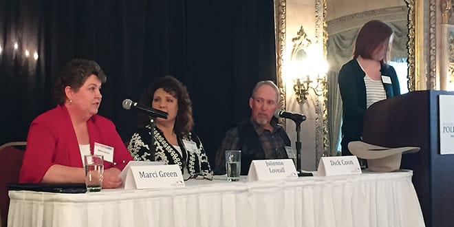 (From left) Washington Association of Wheat Growers Vice President Marci Green joined dairy farmer Julie Loveall and rancher Dick Coon at the Washington Policy Center’s Solutions Summit in Spokane to talk about how farmers and ranchers protect the state’s natural resources through technology and innovative equipment. The panel was moderated by Madilynne Clark (right), the Washington Policy Center’s agriculture director.